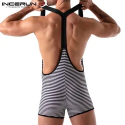 Men's Jumpsuit Sexy Breathable Mesh Big V Stripe Sleeveless Jumpsuits Fashion Casual Style Loungewear Rompers S-5XL INCERUN 2021
