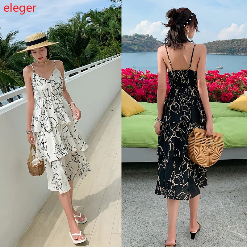 

Black White Midi Printed Women Straps Dress Summer Elegant Casual Vacation Party Dress Tropical Beach Sundress Backless Runway