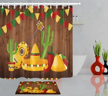 

Mexican Cartoon Cactus Shower Curtains for Bathroom Decor Fiesta Cinco De Mayo Carnival Polyester Fabric Bath Curtain with Hooks