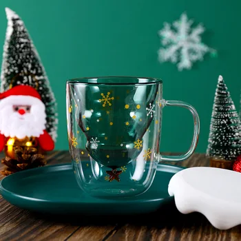 

300ml Christmas Gift Cup Two-layer Cup Christmas Tree cute water bottle glass water bottle Coffee Mugs Eco-Friendly Handgrip
