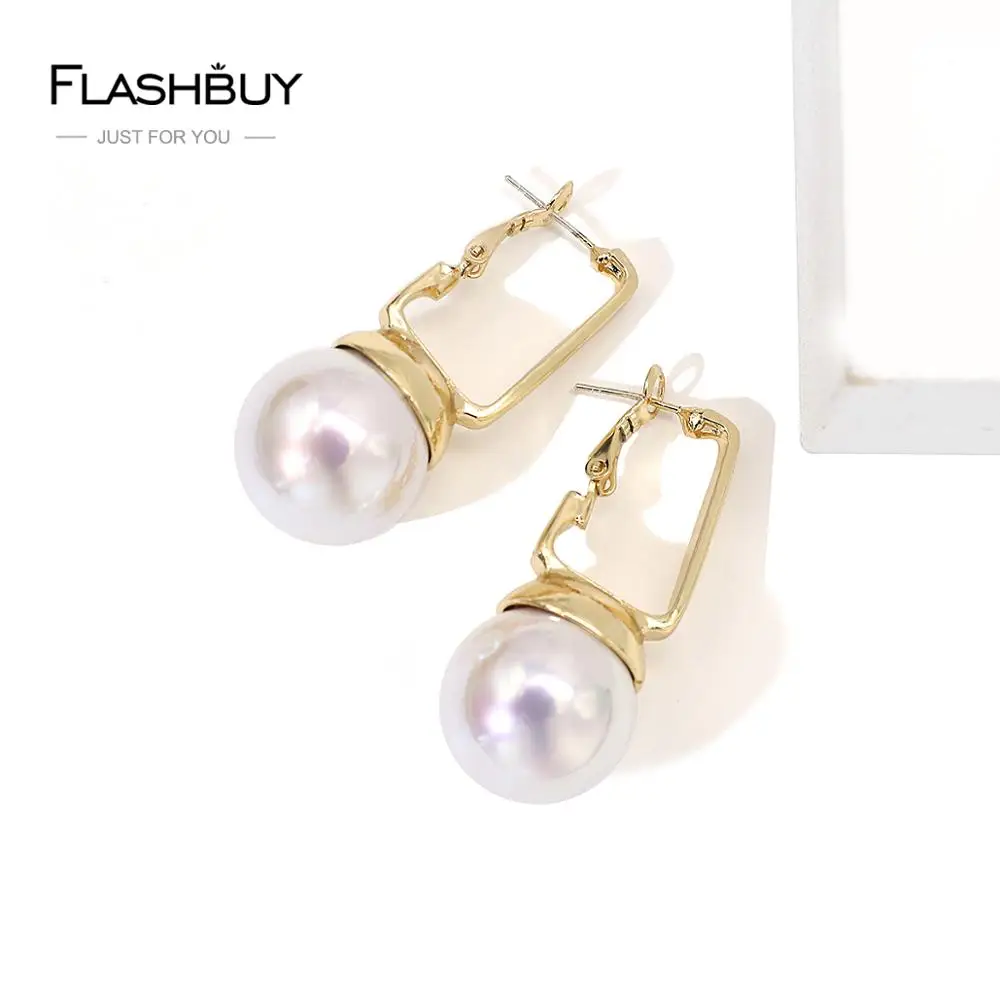 Flashbuy Fashion Big Pearl Drop Earrings For Women Statement Copper Alloy Geometric Earring Gift dangle earrings pearl earrings
