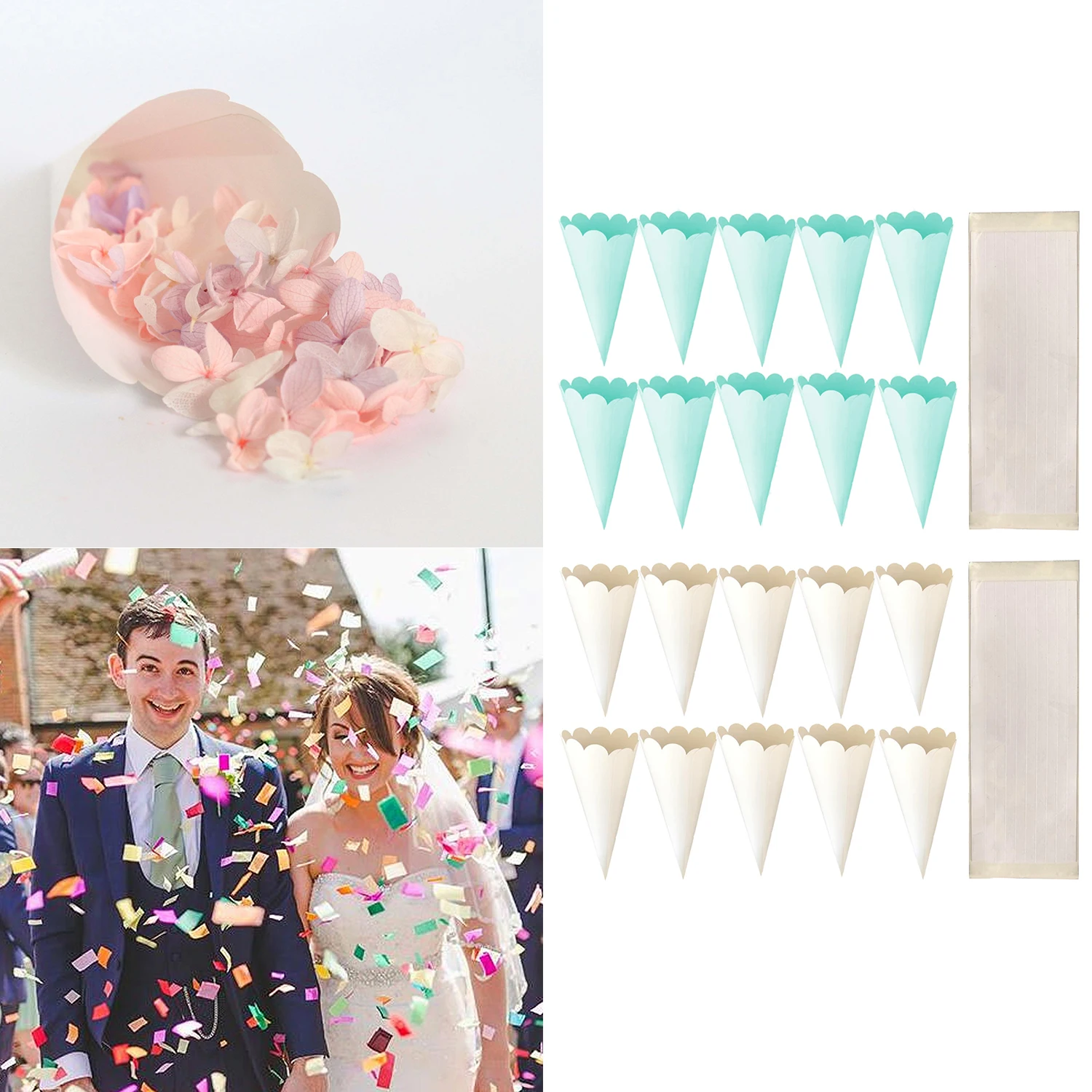 50PCS DIY Confetti Petal Cones Holders with Double-sided Tape for Wedding Christmas Birthday First Communion Wavy Lace