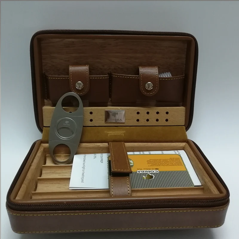 

Cohiba Cigar Humidor Case Portable Cedar Wood Leather Travel Humidor Humidifier Set Gift Box (Without lighter cutter)