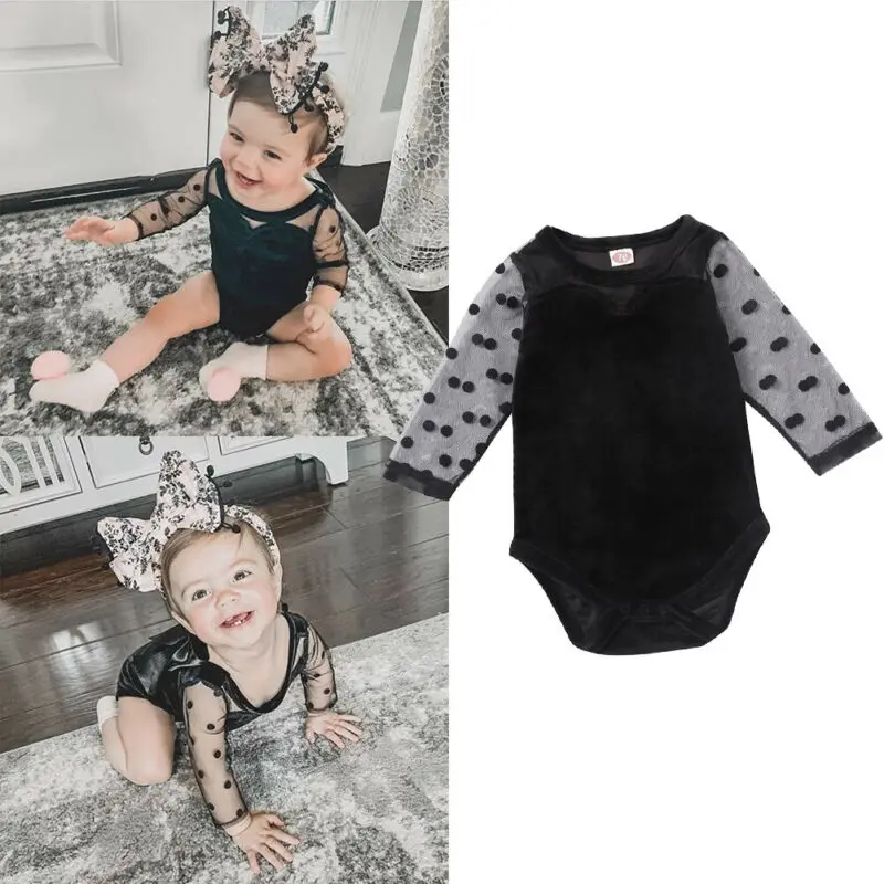 

2020 Baby Spring Clothing Baby Girl Polka Dots Sleeve See Through Mesh Sleeve Romper Long Sleeve Jumpsuit Outfit Casual Clothes