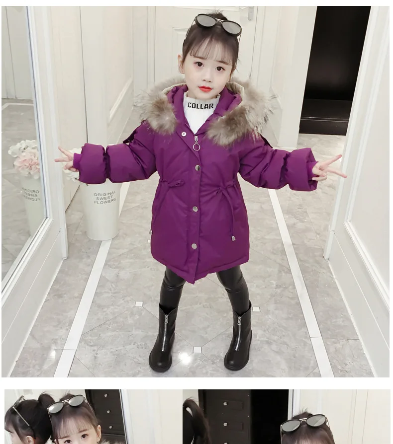 Зимняя Детская куртка для девочек с капюшоном и большим меховым воротником, детская утепленная парка, пальто Длинная хлопковая верхняя одежда для малышей