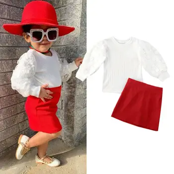 

1-6 Years Toddler Kid Baby Girl Clothes Sets Lace Puff Sleeve T-Shirt Tops Red Skirt Girls Outfit Toddler Casual Clothes Outfits