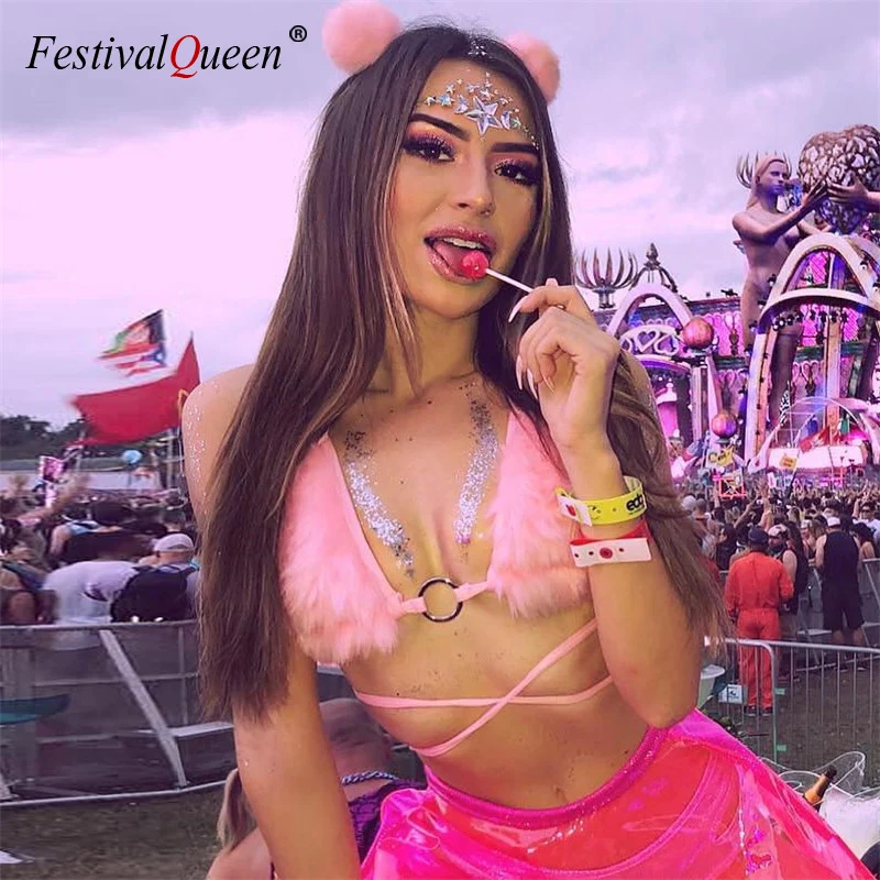 

Sexy Fluffy Faux Fur Pink Bra Crop Top Women 2019 Winter Halter Warm Tank Top Party Night Club Backless Bandage Bralette Top