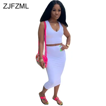 

Sexy 2 Piece Outfits For Women Summer Clothes Deep V Neck Sleeveless Tank Top+High Waist Bandage Mid-Calf Skirts Matching Sets