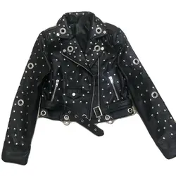 Rivet beading soft pu leather coats Women metal ring stiting pu Leather Jacket Punk Rock Cropped Jackets faux leather coat F2192