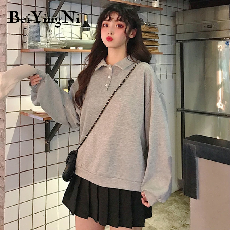 Beiyingni Autumn Hoodie Women Loose Plus Size Solid Harajuku Sweatshirt Woman Casual BF Hoody Vintage Thin Pullover Female