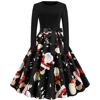 

Winter Dress Plus Size 2XL Women Vintage Long Sleeve Christmas 1950s Housewife Evening Party Prom Pleated Dress Freeship платье