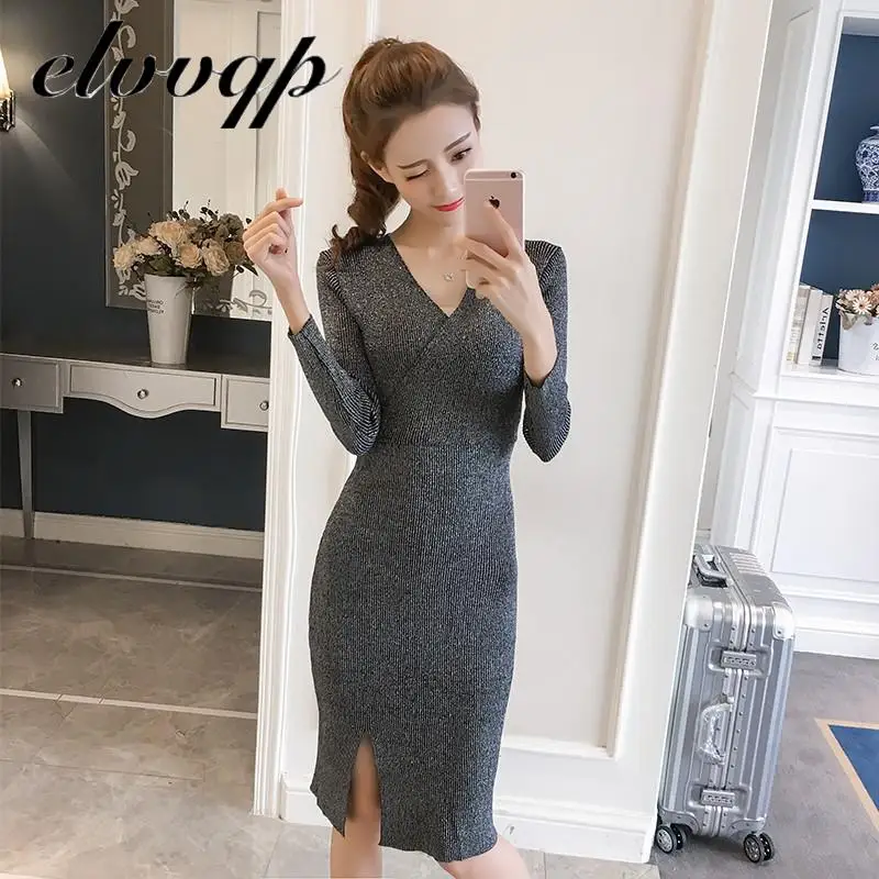 

Knee-length Knitted Elasticity Autumn Women Dress Fashion Glitter Sweater Dress V-neck Sexy Split Rib Female Pullover Dresses