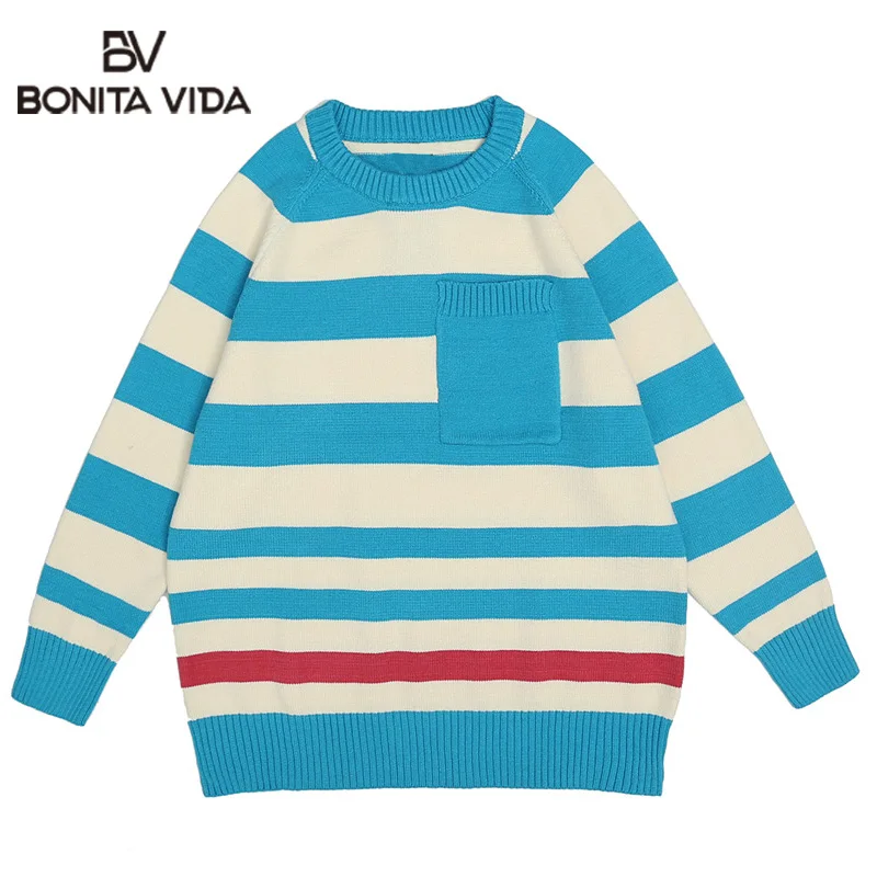 

Bonita Vida Harajuku Hip Hop Loose Ripped Stripe Sweaters Men Fashion Streetwear Casual Pullover Pocket Long Sleeve Sweater