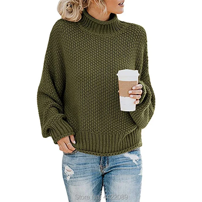 Женские свитера с высоким воротом, пуловер с длинным рукавом и рукавом летучая мышь, Свободный вязаный джемпер - Цвет: Зеленый