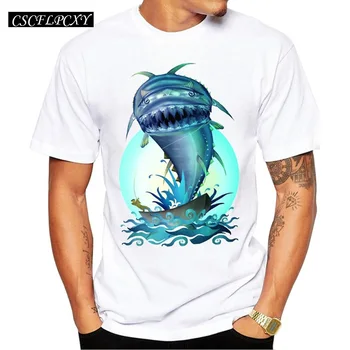 

2019 New Arrivals summer fight with monster Men T-Shirt Angry Shark Printed Tops Short Sleeve Casual Tee Shirts