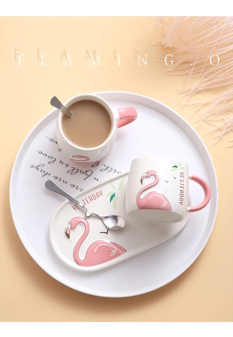Тисненый Фламинго керамический набор кофейных чашек с послеобеденным чаем блюдо для закусок(1 чашка+ 1 тарелка+ 1 ложка