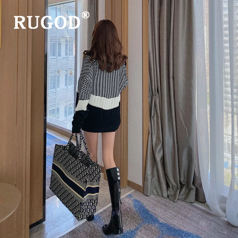 RUGOD вязаный кардиган с цветными блоками, свитер большого размера, женские свитера, Зимние Топы для женщин, вязанная модная одежда Kpop
