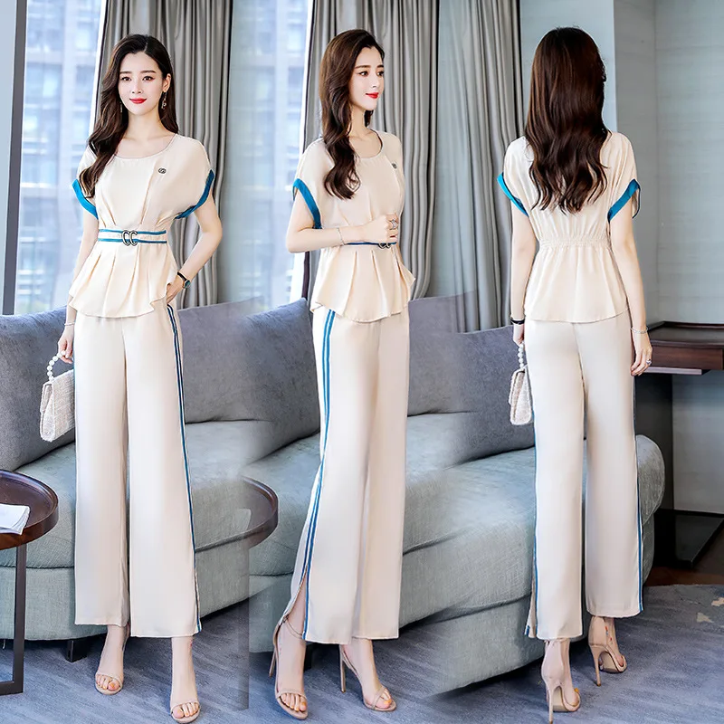 

2019 Summer New Style Mixed Colors Lace-up Round-neck Shirt +-Style Mixed Colors Slit Long-sleeved Suit