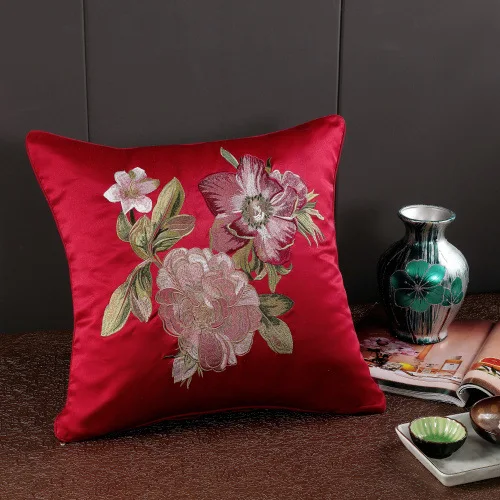 Атлас Вышивка Узор цветы пиона Подушка Cojines Decorativos Para диван год домашние декоративные подушки - Цвет: 04