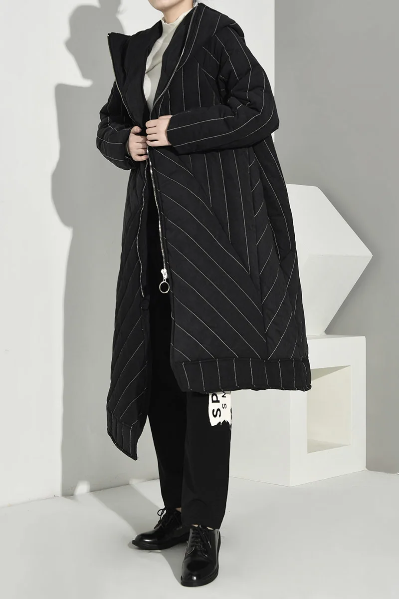 [EAM] ассиметричное пальто с капюшоном большого размера с хлопковой подкладкой, с длинным рукавом, свободный крой, женские парки, модная новинка, Осень-зима, 1H2540