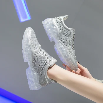 

Chiang Women Silver Platform-Shoes Height Increase Crystal Dance Sneakers Lightweight Breathable tacones baile latino