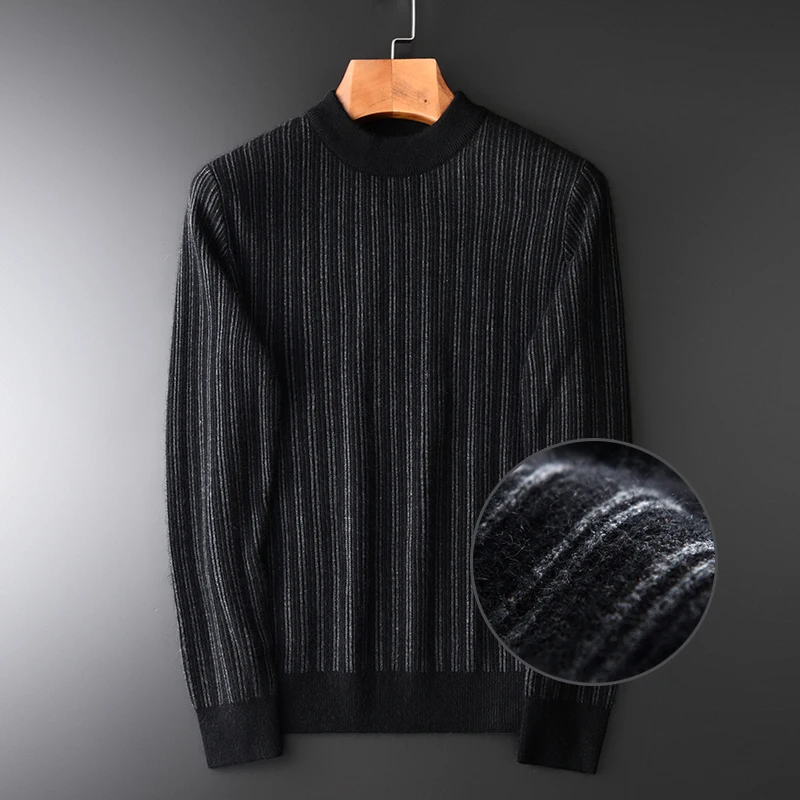 Minglu Black Sweater Men Luxury Stripe Rabbit Hair And Wool Thick Sweater Male Autumn And Winter Slim Fit Knitted Mens Sweater
