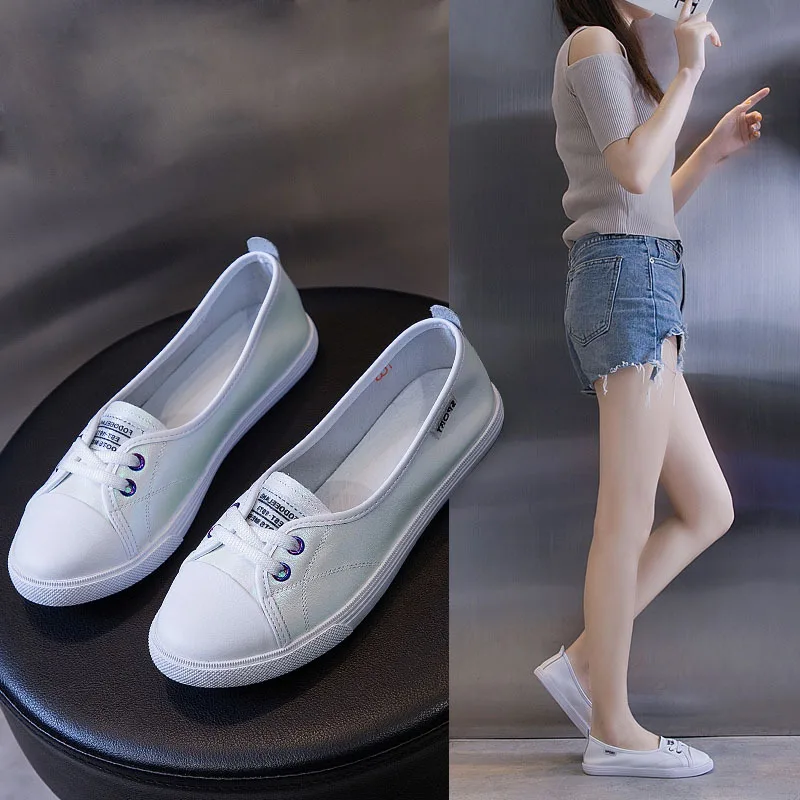 

Genuine Leather Low-Cut Casual White Shoes Women's 2019 New Style College Style Slip-on Breathable Flat Loafers Women's Summer