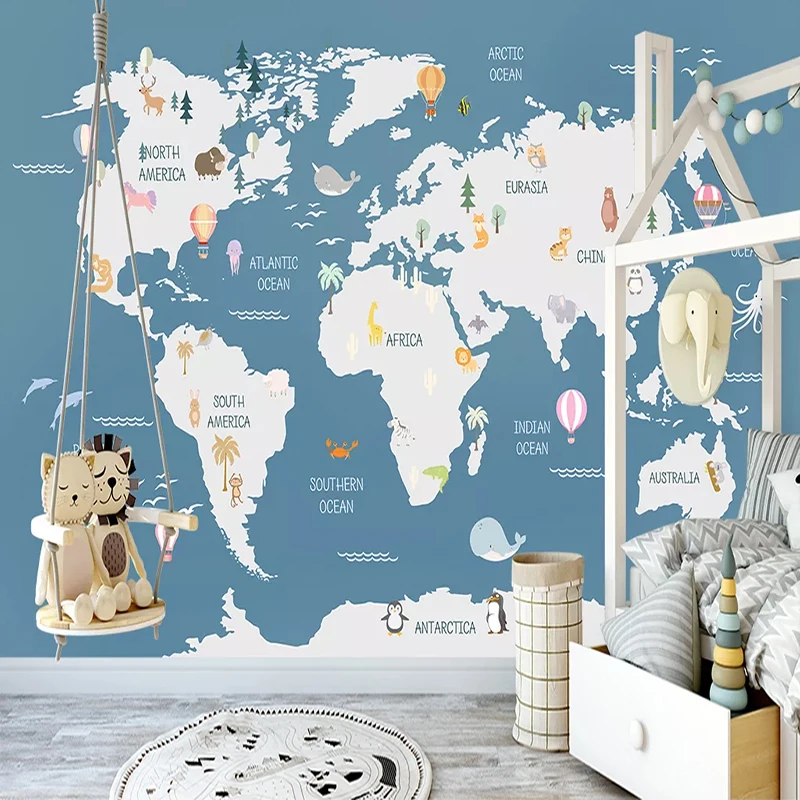 Пользовательские 3D Фото Обои Настенная картина мультфильм карта мира детская спальня стены украшения дома нетканые обои фрески