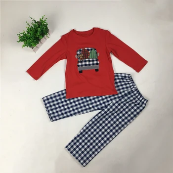 

Puresun New Autumn Boy Boutique Cute Dog Printing Kids Long sleeves Outfit With Plaid Pant
