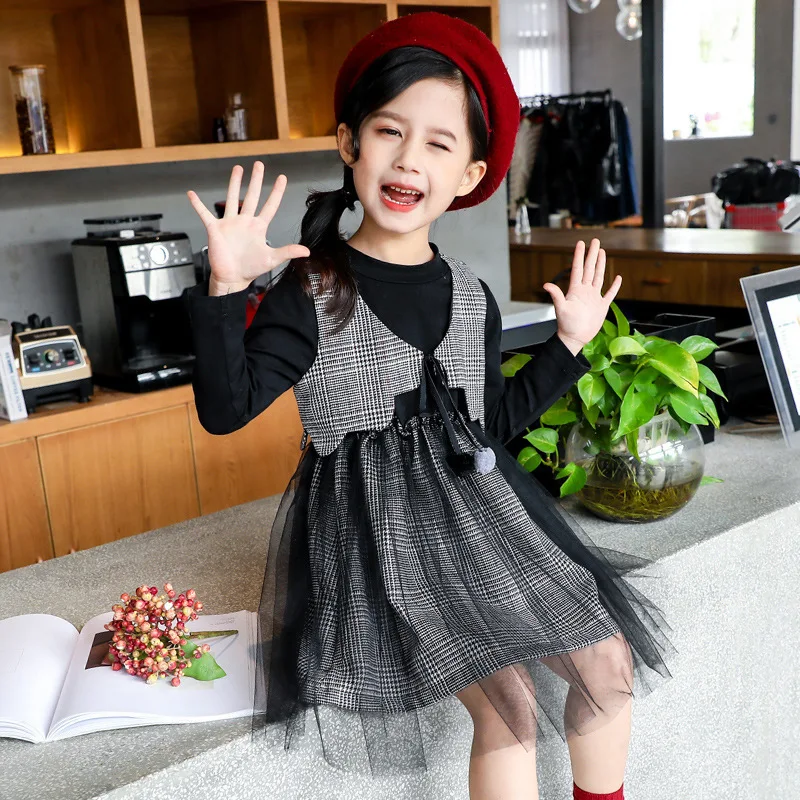 

Autumn Girls Black Dress + Plaid Waistcoat Set Korean-style Medium-small Girls' Princess Skirt Skirt Two-Piece Set