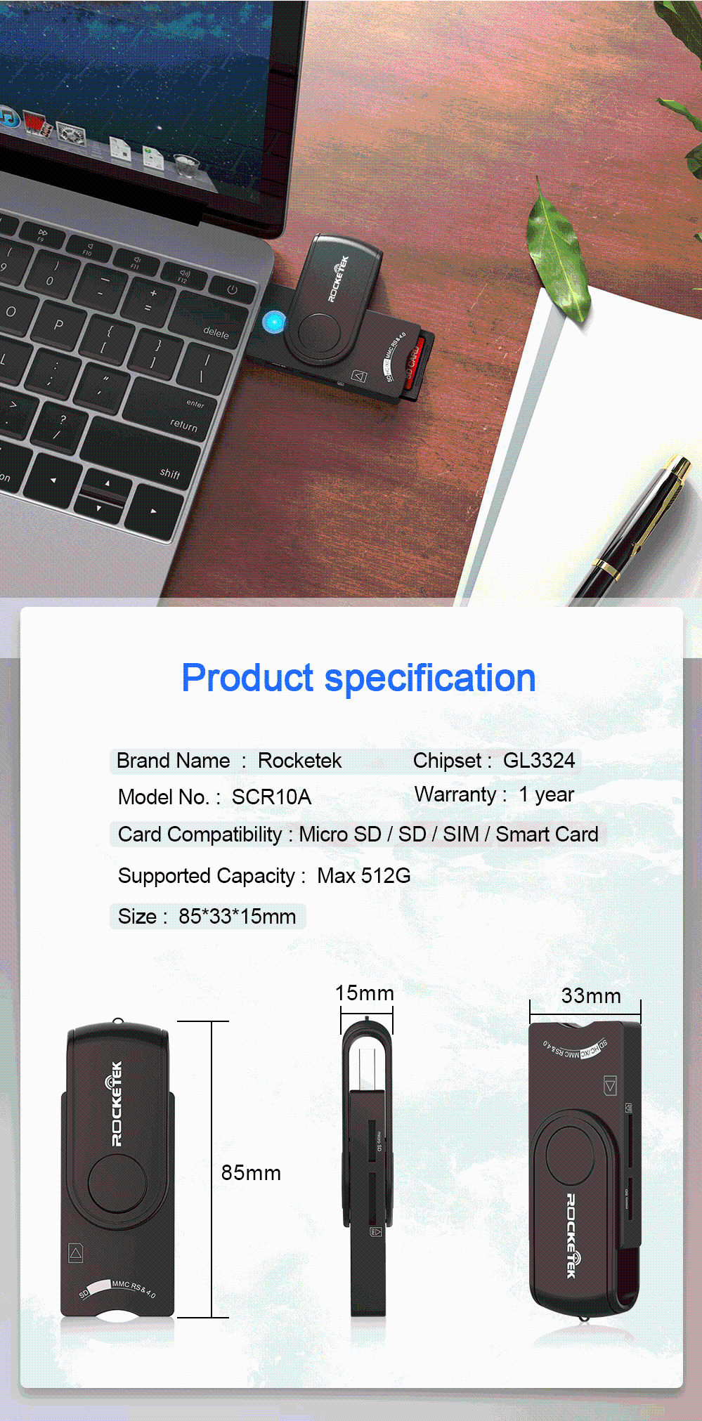 ROCKETEK USB3.0 2,0 смарт-кард-ридер мульти-карта памяти SIM кард-ридер TF кард-ридер SCR10A адаптер компьютер ПК