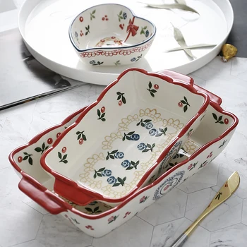 

Cherry Baking Plate Ceramic Cheese Baking Plate Rectangular Oven Western Vegetable Tableware Set Baked Rice Bowl Bread tray CL12