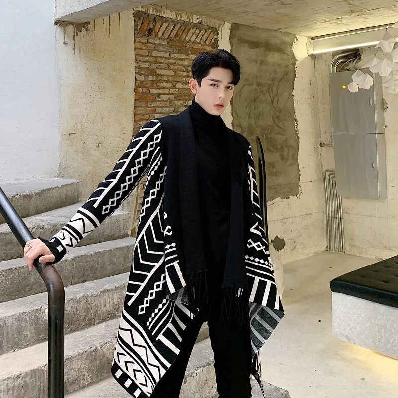 Men Long Sleeve Geometric Pattern Tassel No Button Knitted Cardigan Sweater Coat Male Japan Streetwear Jacket Outerwear