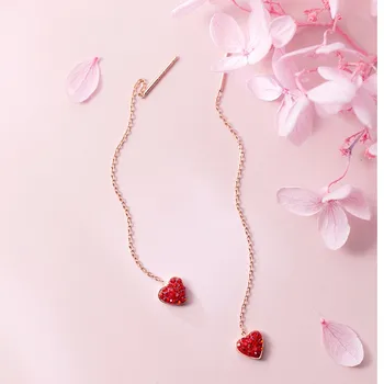 

100% 925 Sterling Silver Red Rhinestone Heart Ear Threaderes Earings Rose Gold Color Dangle Drop CZ Earrings for Women