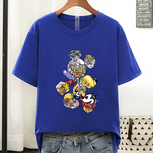 Disney Colorful Mickey Mouse T Shirt Women 2021 Summer Tshirt Graphic Tee Cool Women T-shirt Female Tee Shirt 90s Aesthetic Tops Blue