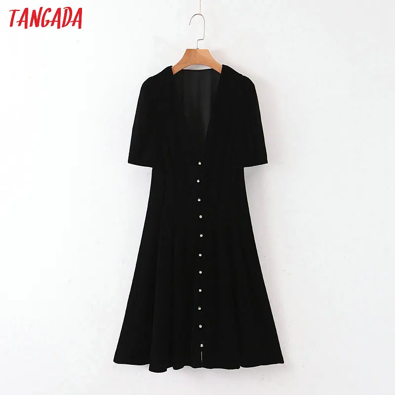 Tangada, женское черное бархатное платье, алмазные пуговицы, v-образный вырез, короткий рукав, винтажное женское мини-платье, vestidos QB111