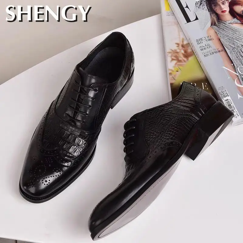 New Crocodile Vintage Fashion Men Shoes Formal Dress Casual Leather Shoes Business Wedding Loafers Designer Brogue Office Shoes - Image 3