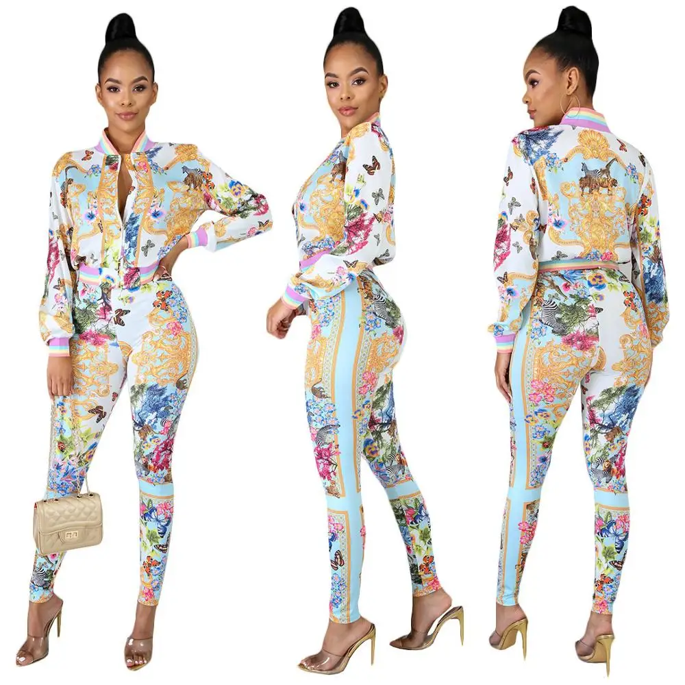 

Fashion Women's Digital Printed Casual Two Pieces Set Zipper Jacket With Pants