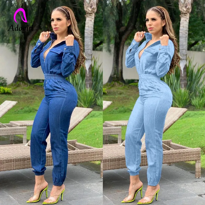Denim Rompers Womens Zipper Fly Jumpsuit Autumn Winter One Piece Outfits Jeans Overalls Night Club Party Long Sleeve Jumpsuits
