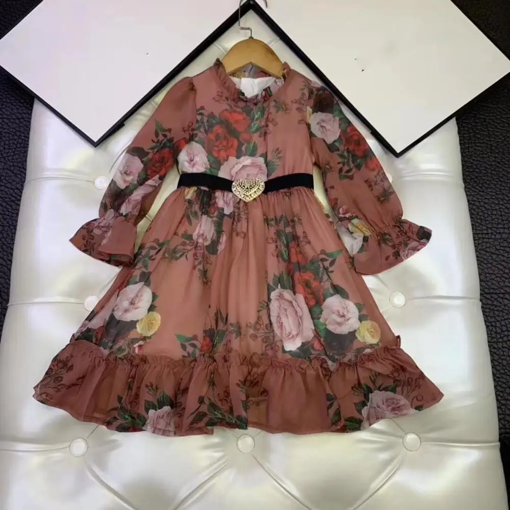 Новинка года, Брендовые вечерние платья принцессы с длинными рукавами и поясом с цветочным принтом розы на весну, одежда для девочек, платье для девочек 3, 4, 6, 8, 10, 12 лет