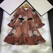 Новинка года, Брендовые вечерние платья принцессы с длинными рукавами и поясом с цветочным принтом розы на весну, одежда для девочек, платье для девочек 3, 4, 6, 8, 10, 12 лет