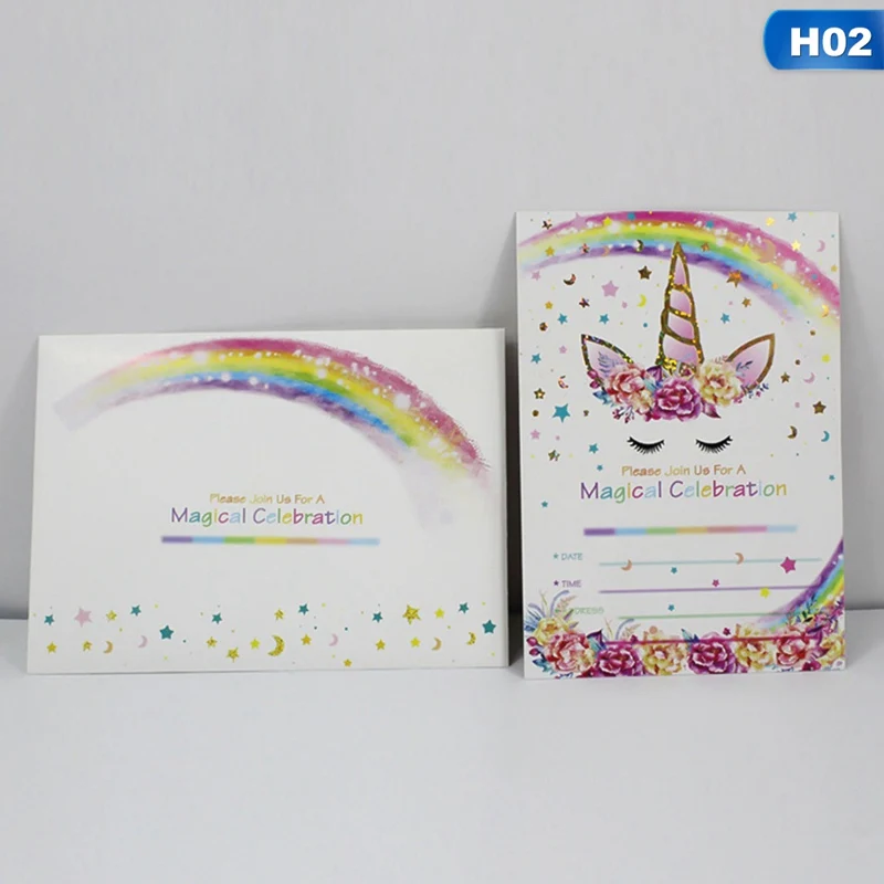 H02 24 шт./компл. Единорог Приглашения карты для вечеринок, дней рождения вечерние детская комната аксессуары спрос среди детей Пригласительные открытки с конвертами - Цвет: H02