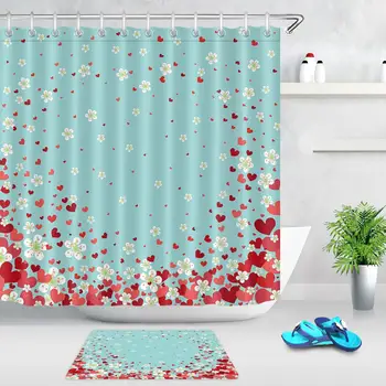 

Valentine's Day Red Hearts and Spring Flowers Printing Bath Curtain Waterproof Shower Curtains Home Bath Decor Curtains & Hooks