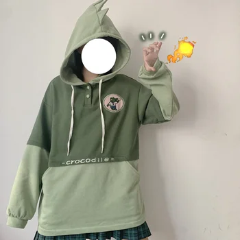 

Autumn Japanese Women Hoodie Harajuku Cute Cartoon crocodile Embroidery stereoscopic Hooded Long Sleeve Warm Sweatshirts Tops