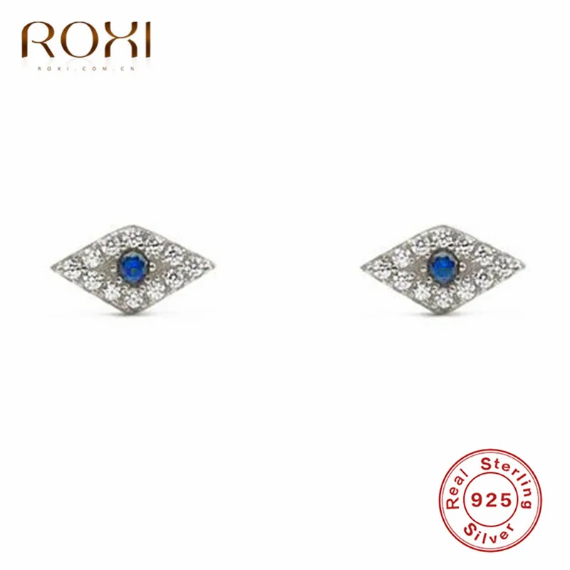 ROXI 925 пробы серебряные мини циркониевые голубые глаза маленькие серьги-гвоздики для женщин ювелирные изделия турецкий глаз маленькие серьги в стиле панк