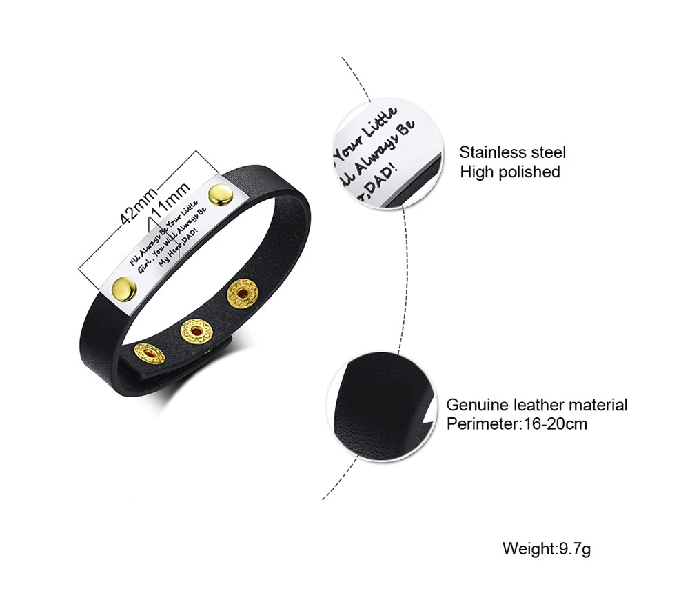 Мужской Регулируемый черный кожаный браслет я всегда буду вашей маленькой девочкой. Вы всегда будете мой браслет героя подарки для пап отца