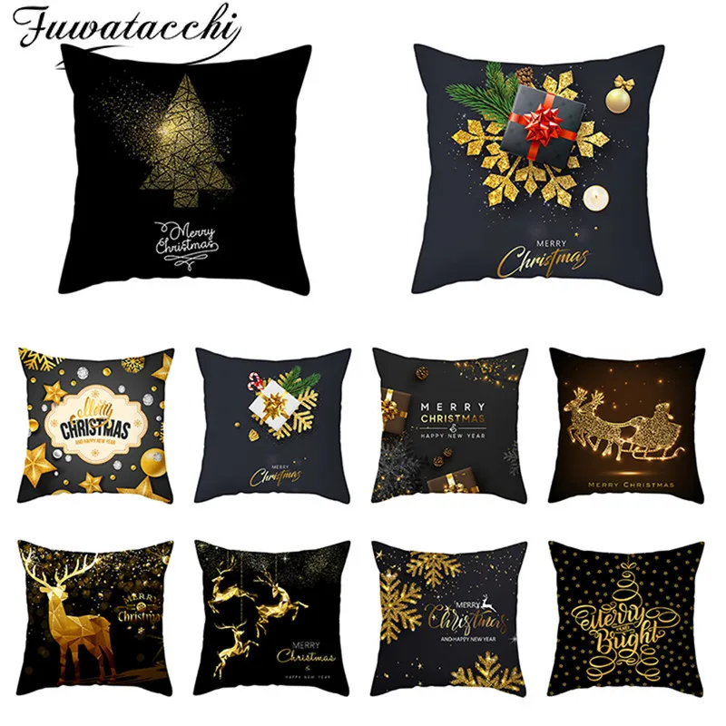 

Fuwatacchi Merry Christmas Letters Cushion Cover Black Snowflake Decorative Pillows Cover for Home Sofa Throw Pillowcase 45*45cm