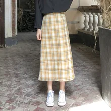 Осень высокая талия трапециевидной формы плед Сплит Ретро длинная юбка Корея японские милые девушки ученическая школьная форма сексуальные костюмы для женщин
