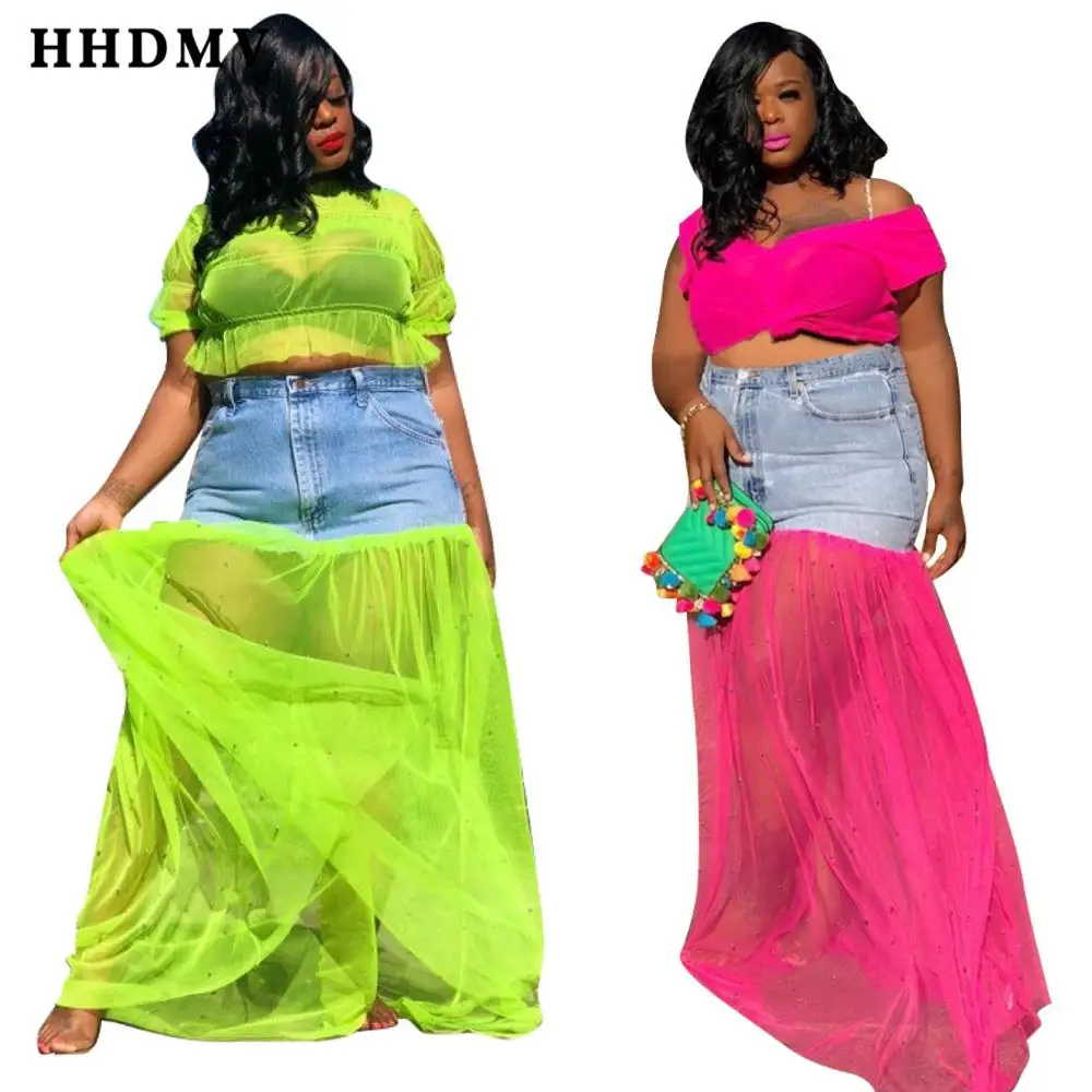 HHDMV MOF5091 модная уличная хип-хоп стильная длинная юбка с высокой талией, пуговицы, соединяющие джинсы с кружевом, длина до пола, длинная юбка