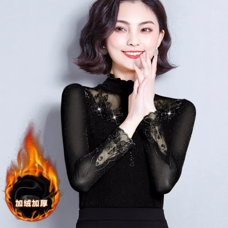 

Frilled Collar Lace Gauze Base Shirt Women's 2019 Autumn New Style Slim Fit Korean-style Liangsi Hot Drilling Elegant Sweater